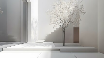 Fototapeta premium Minimalist White Interior Design With a Tree in the Middle
