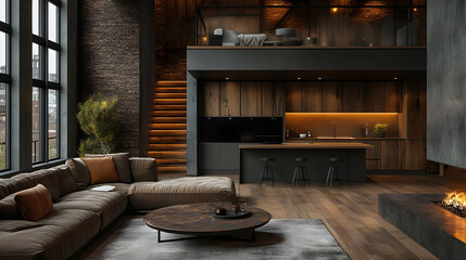 Modern industrial living space with cozy furnishings and warm lighting.
