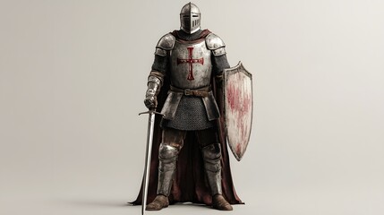 Naklejka premium 1. **A medieval knight in full armor, wielding a sword and shield, standing tall
