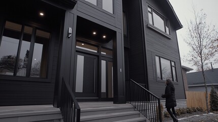 Fototapeta premium A person approaches a modern black house entrance on a cloudy day in an urban neighborhood