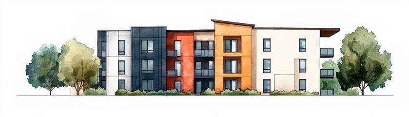 Naklejka premium Modern residential building design featuring vibrant colors and greenery, perfect for showcasing contemporary living spaces.