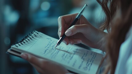 The hands of a female doctor or medical worker make close-up notes or appointments in a notebook against the background.