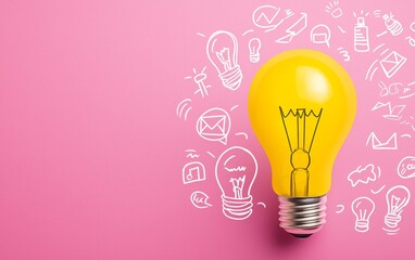 Yellow light bulb on pink background with hand-drawn business icons, creativity and innovation concept, brainstorming and idea generation