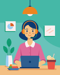 A remote customer service representative works efficiently from her home office ting down on expensive lunch outings and saving more of her paycheck.. Vector illustration