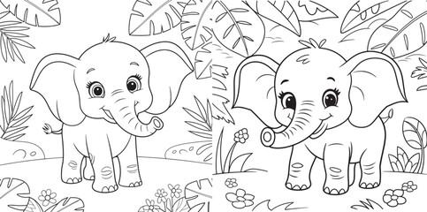 Vector  elephant line art coloring page  