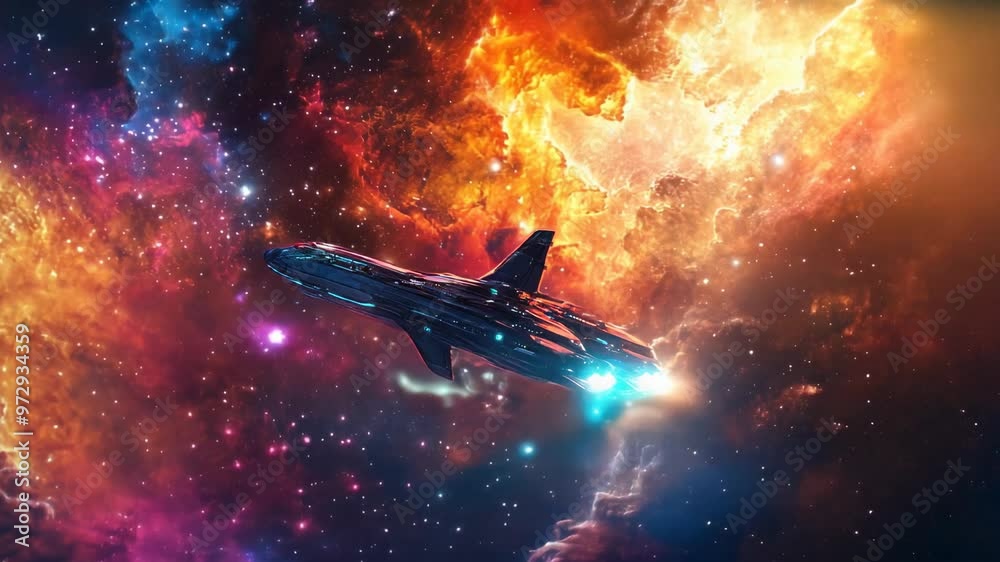 Wall mural spaceship flying through colorful interstellar clouds in space