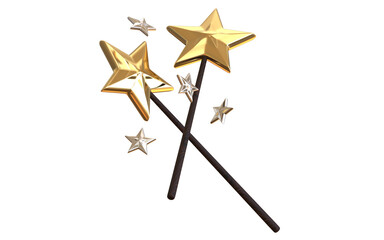 Two Golden Magic wand with Star 3d Rendering
