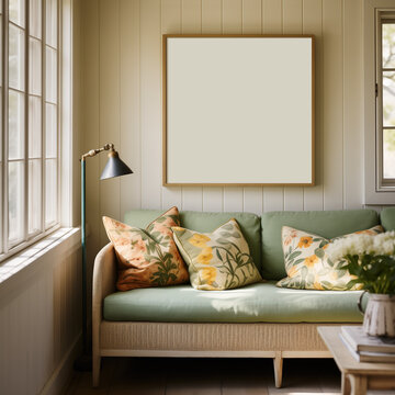 Mockup of a 1x1 square wooden frame in a vintage rustic living room with sofa and floral decor. Artwork, art print, wall art mockup. Summer cottage, farmhouse home interior.