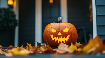 Fototapeta premium A pumpkin with a scary face is sitting on a porch