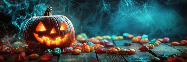 A spooky jack-o'-lantern glows eerily in the dark, surrounded by a mix of colorful Halloween candies on a wooden surface.