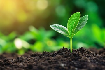 Naklejka premium A young plant sprouting from the rich, wet soil symbolizing growth, potential, and new beginnings in nature.