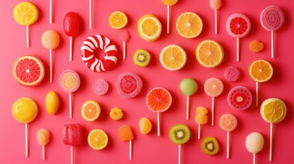 A creative composition featuring lollipops with various fruity flavors and colors scattered around, arranged to form a vibrant and enticing pattern.