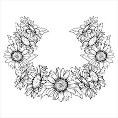 Sunflower Frame. Vector Flower arrangement drawing in line art style. Botanical illustration of chamomile painted by black inks. Hand Drawn Bouquet of daisies. Graphics element outline