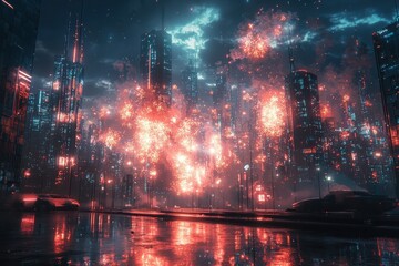 Fototapeta premium Spectacular urban fireworks display over futuristic city skyline at night