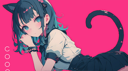 Anime cute girl cat with cat ears in a cozy sweater and skirt against a pink background, showcasing a playful expression