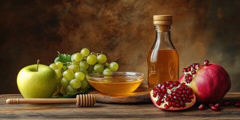 Traditional Rosh Hashanah Foods on Wooden Table