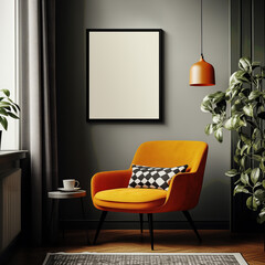 Mockup of a 4x5 black vertical frame in a modern, Scandinavian style living room interior with orange armchair and green plants. Artwork, poster, art print, wall art mockup.
