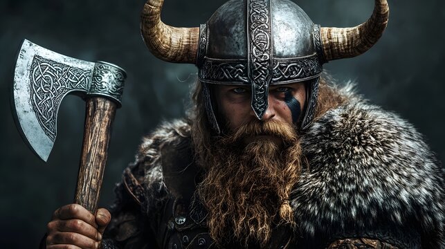 2. **A fierce Viking warrior with a battle axe and horned helmet, ready for combat