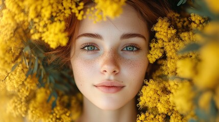 lovely portrait of a young woman in a sea of mimosa flowers, conveying the essence of spring and its vibrant atmosphere