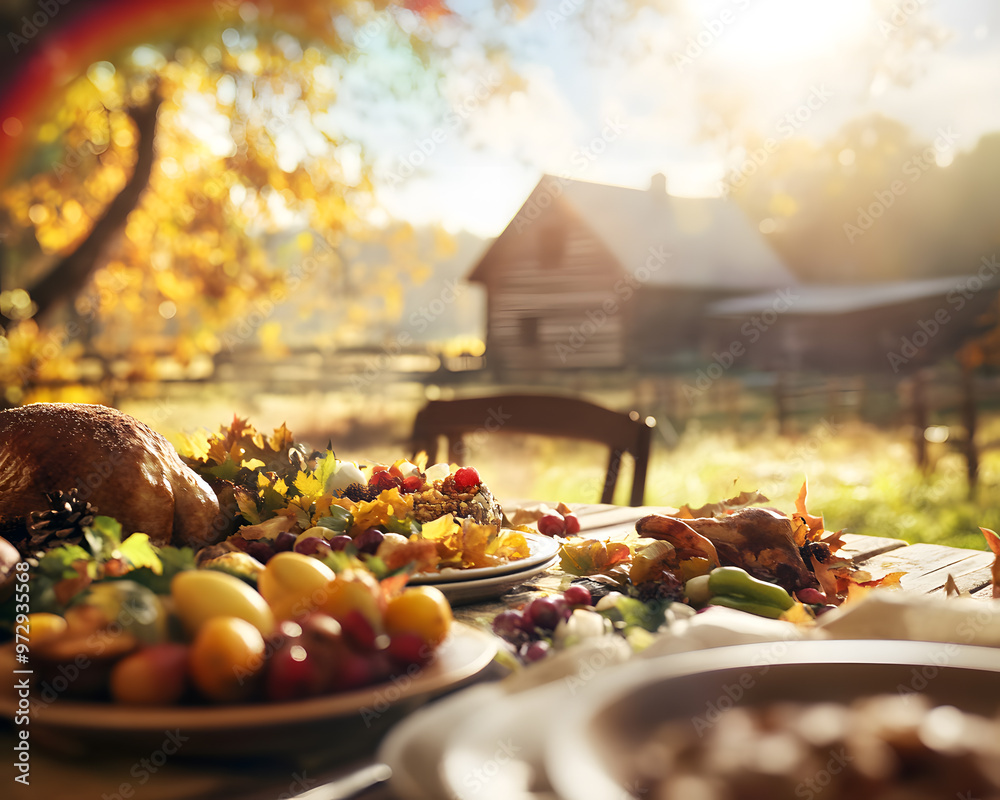 Wall mural A cozy Thanksgiving dinner scene with a rainbow arcing