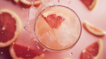 Fototapeta premium A light blue-grey backdrop features a grapefruit juice cocktail with splashes in a drinking glass infused with rosemary. Concept of a Healthy Lifestyle. Make a copy of space. Summertime Refreshing dri