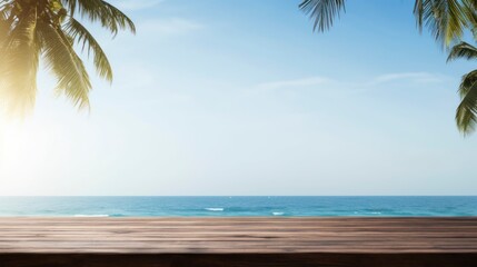 Wooden table top on blur beach background, display or montage products