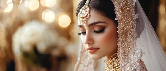 Beautiful woman asian model with traditional bridal make up regional customs background wallpaper AI generated image