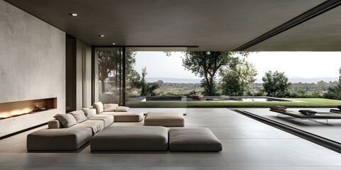 Fototapeta premium Modern Minimalist Living Room with Fireplace and Outdoor View