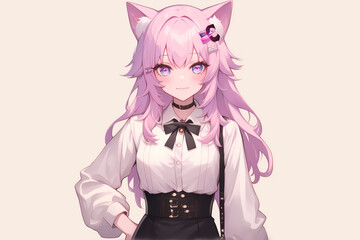 Anime cute girl cat with cat ears in a cozy sweater and skirt against a pink background, showcasing a playful expression