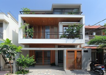 Fototapeta premium Modern Two Story House With Wooden Doors And Balconies