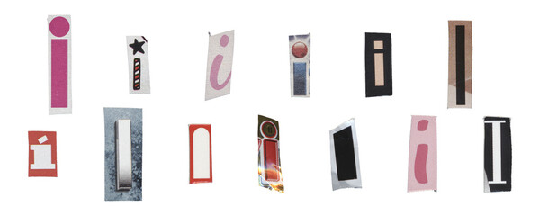Set of isolated cut-out letter “I” from magazines on a transparent background, retro y2k style