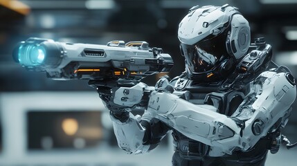 Fototapeta premium 4. **A futuristic sci-fi soldier in high-tech exosuit, holding an energy weapon