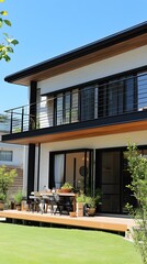 Fototapeta premium Modern House with Wooden Deck and Patio Furniture