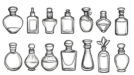 A hand-drawn set of line icons depicting perfume bottles, including glass flasks with various fragrances, shown in a doodle style.