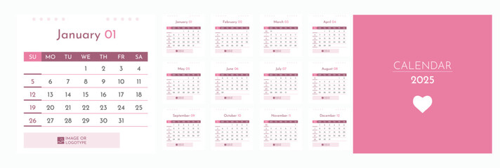 2025 calendar 2025 Calendar planner template. The week starts on Sunday. Pink wall calendar. Set of 12 months. Vector illustration