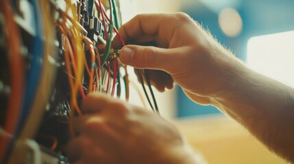 Close-up of an electrician contractor showcasing the electrical wiring being installed in a new setup.