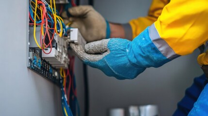 Close-up of an electrician contractor showcasing the electrical wiring being installed in a new setup.