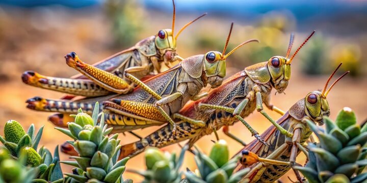 Close-up shot of a group of Schistocerca gregaria, commonly known as desert locusts, feeding on plants in the desert