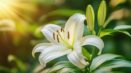 A detailed shot of a delicate white lily, with its stamens and pistil clearly visible, surrounded by lush green leaves and soft morning light.