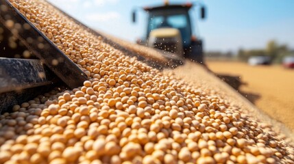 Pouring soy bean grain into tractor trailer after harvest at field.