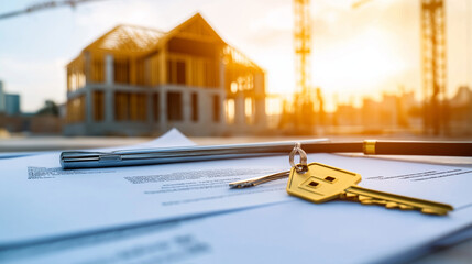 Various legal documents and a keychain with a house-shaped pendant lie on a table, against the backdrop of a newly built home, representing the excitement of closing a real estate