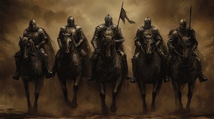 Obraz premium Five Armored Knights Riding Horses Through a Dusty Battlefield
