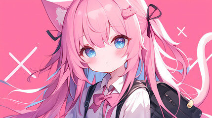 Anime cute girl cat with cat ears in a cozy sweater and skirt against a pink background, showcasing a playful expression