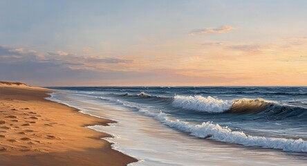 Obraz premium A serene beach with gentle waves and golden sand under a vibrant sunset sky, creating a perfect coastal escape.