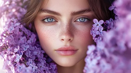 Fototapete magazine cover featuring a stunning portrait of a woman with lilac flowers, embodying beauty and elegance in cosmetics advertising © CinimaticWorks