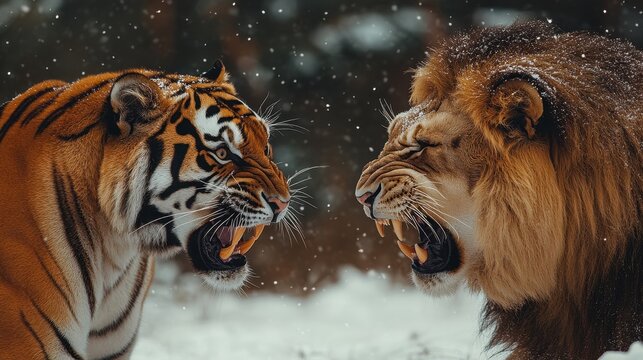Realistic Close-Up of an Angry Tiger and Lion Fighting in a High-Detail Winter Forest Setting, Dynamic Wildlife Action Scene with Detailed Fur and Snowy Background

