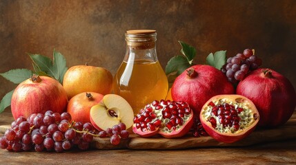 Traditional Rosh Hashanah Foods on Wooden Table