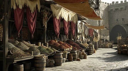 A medieval marketplace with a variety of goods and barrels.