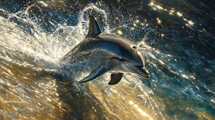 A dolphin breaking the surface of the water, playfully splashing as it swims through crystal-clear waves, with sunlight glistening off its sleek body.