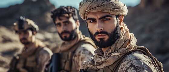 Fototapeta premium Handsome male Arabic Muslim soldiers dashing and dignified background wallpaper AI generated image